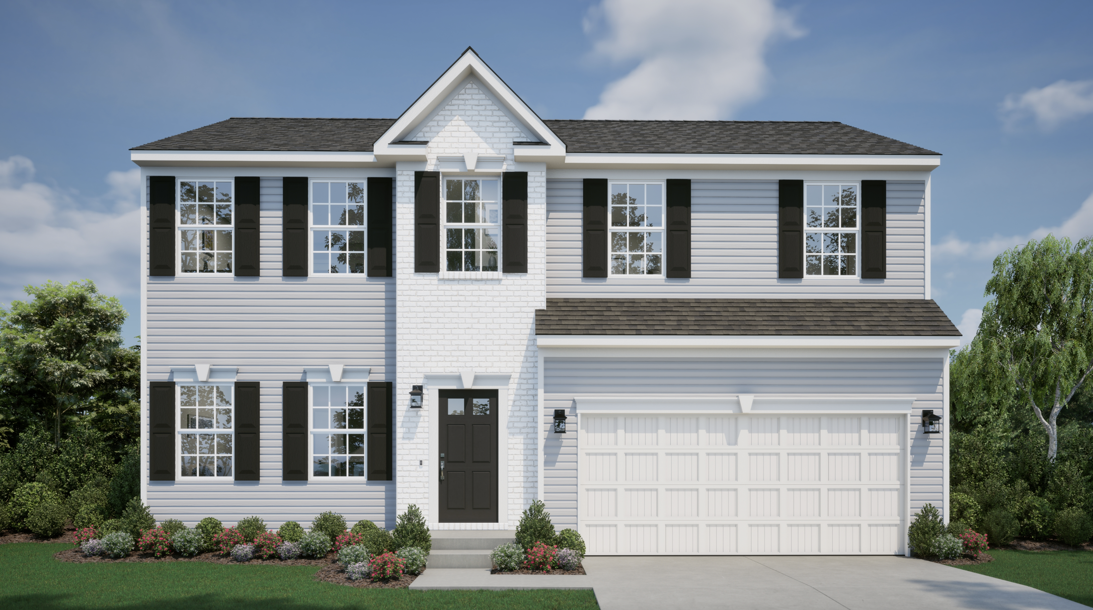 Two-story modern suburban house with black shutters, white siding, and attached garage surrounded by a landscaped garden.