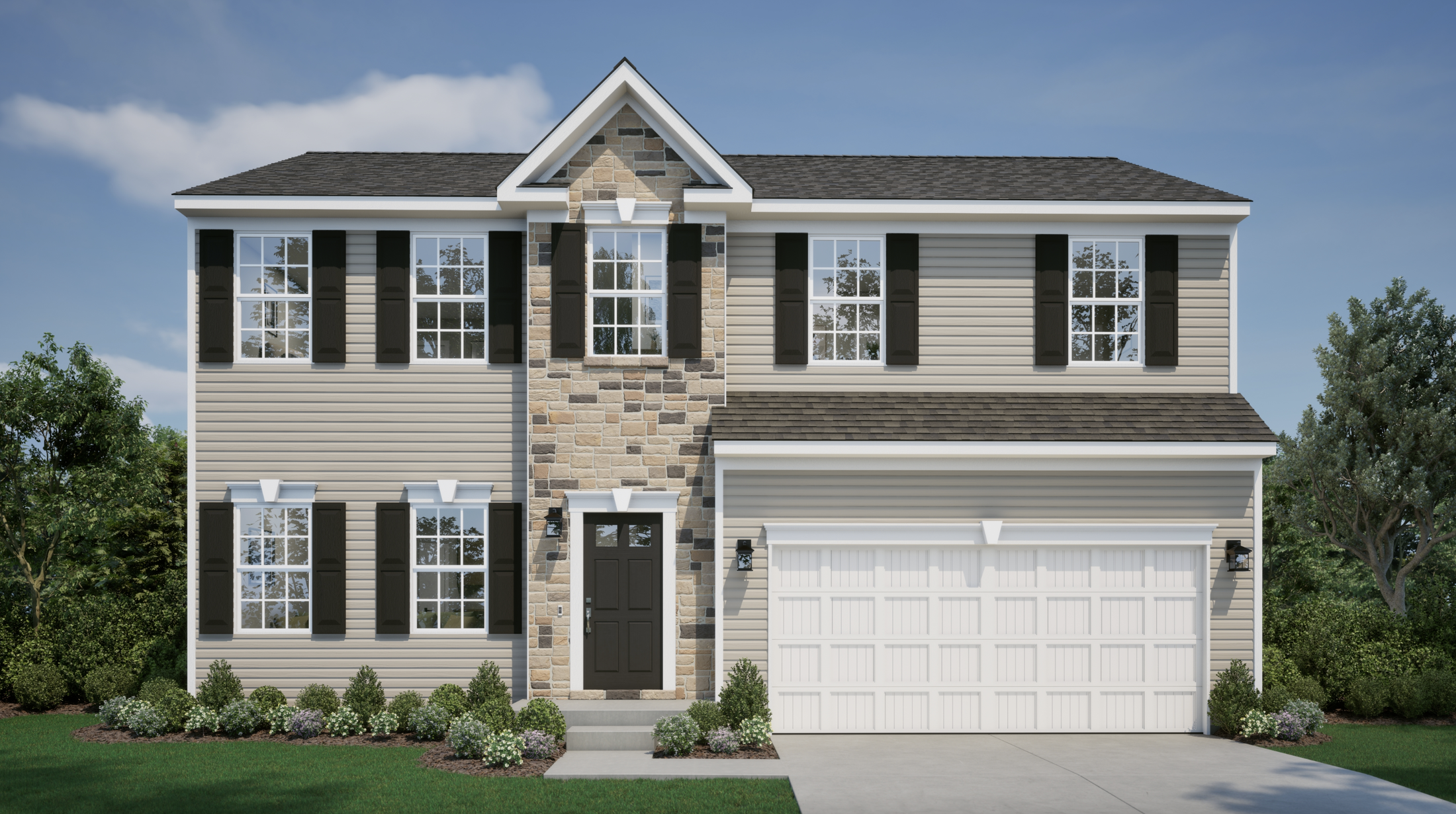 Two-story suburban home with beige siding, stone facade, and a two-car garage, surrounded by manicured landscaping.