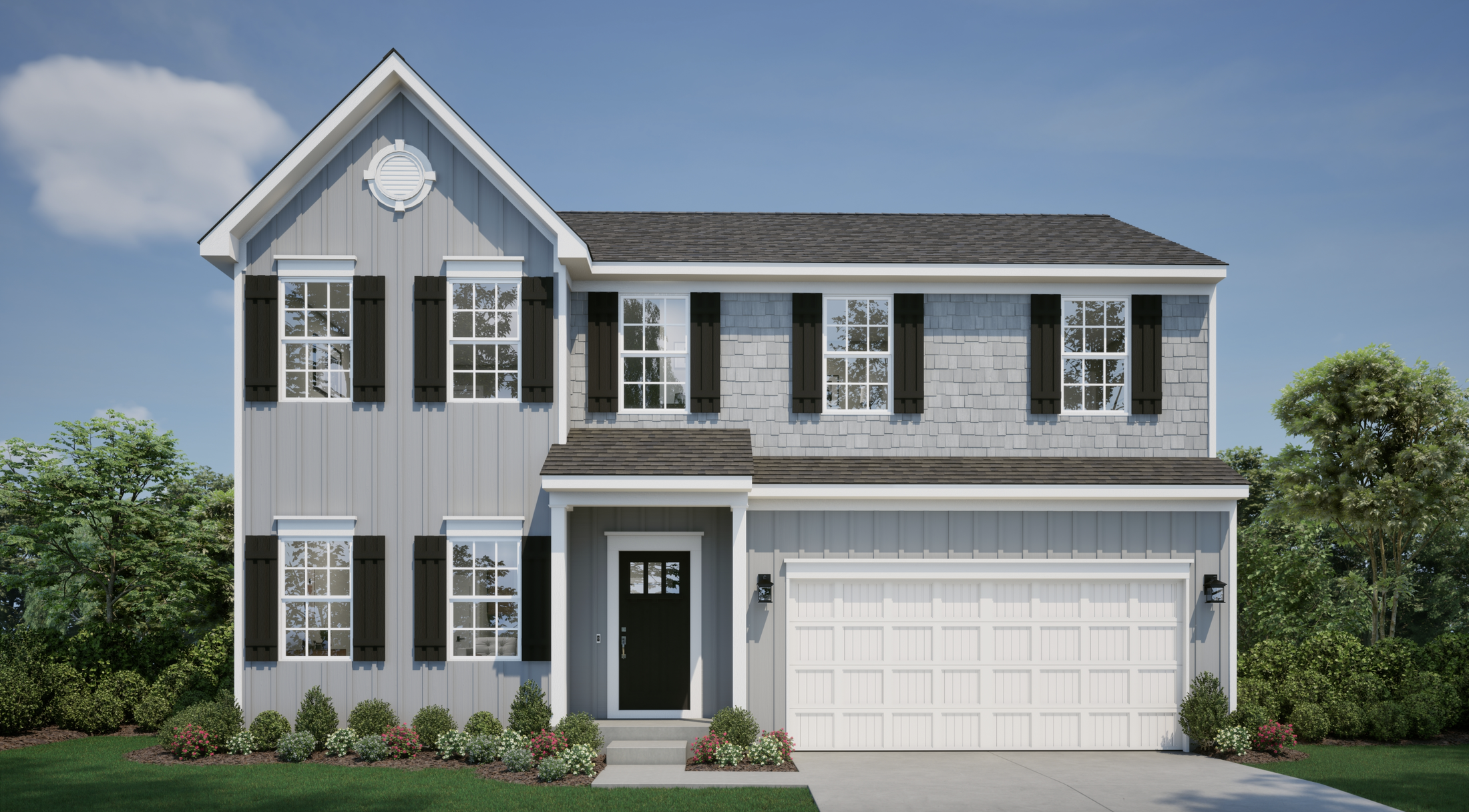 Front view of a modern two-story gray house with a black door, white garage, and neatly landscaped yard against a clear blue sky.