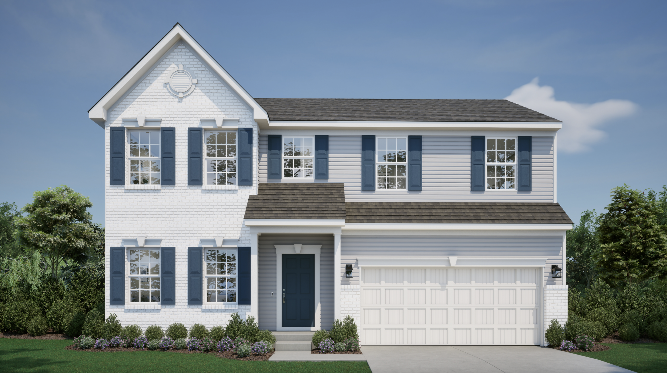 Front view of a modern two-story suburban house with blue shutters, white brick façade, and a two-car garage.