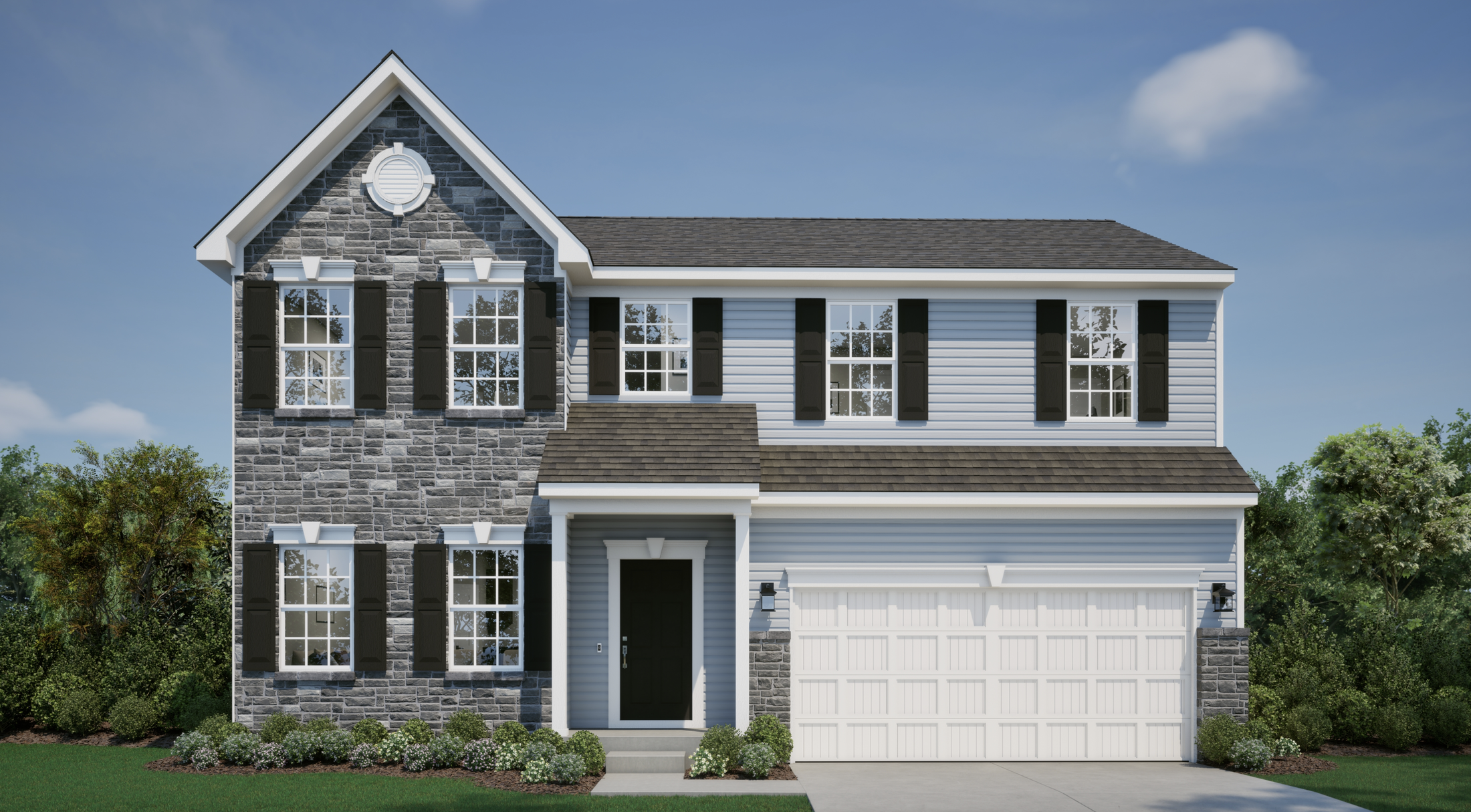 Two-story suburban house with blue siding, brick facade, and a double garage, surrounded by manicured bushes under a clear blue sky.