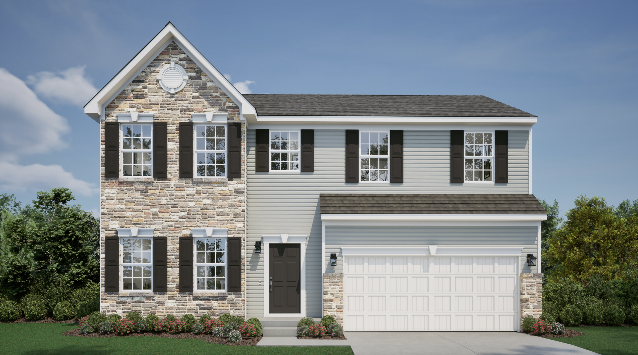 Two-story suburban house with stone and siding facade, dark shutters, and a two-car garage.