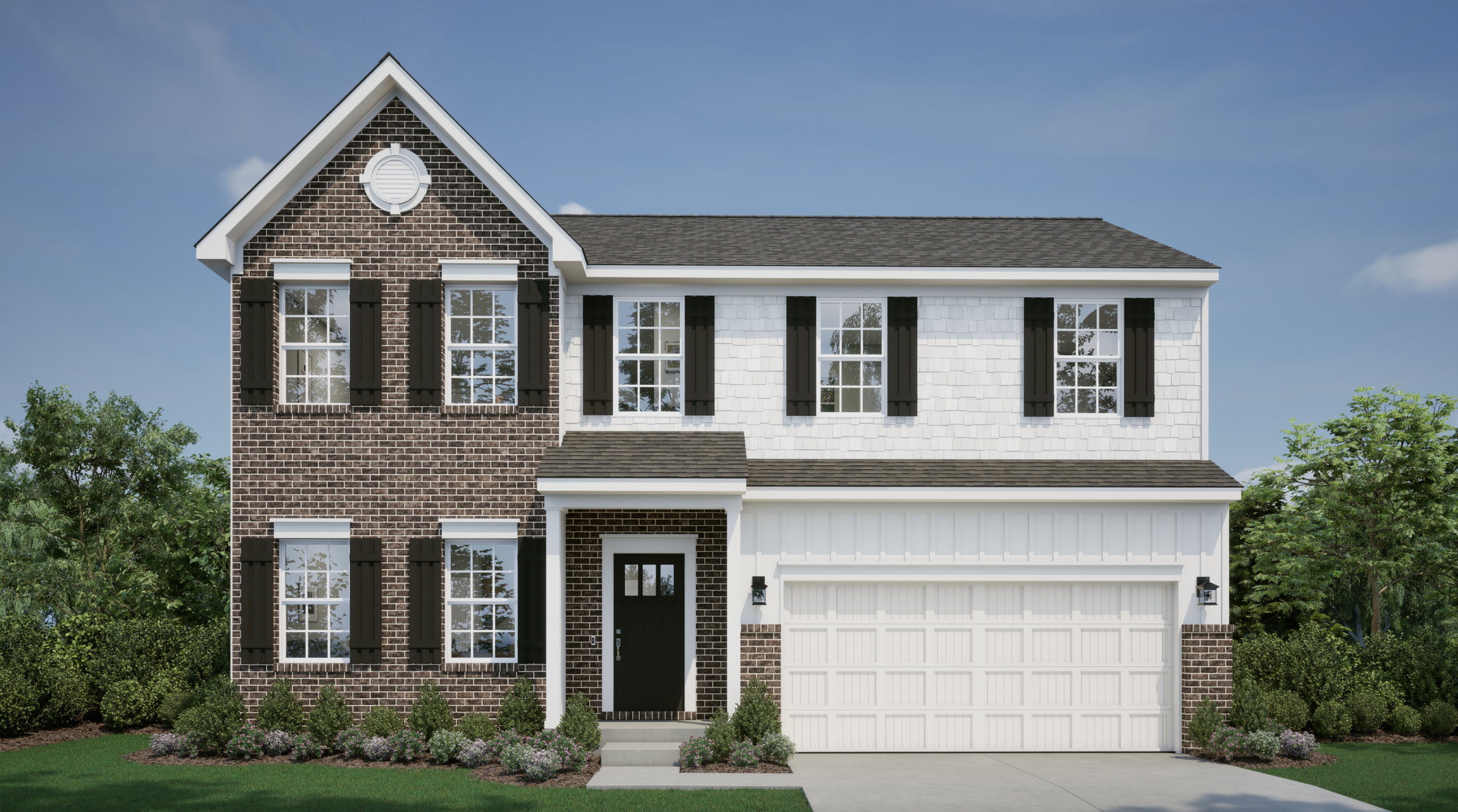 Front view of a two-story modern American house with a brick and white exterior, featuring a black front door, double garage, and landscaped yard under a clear blue sky.