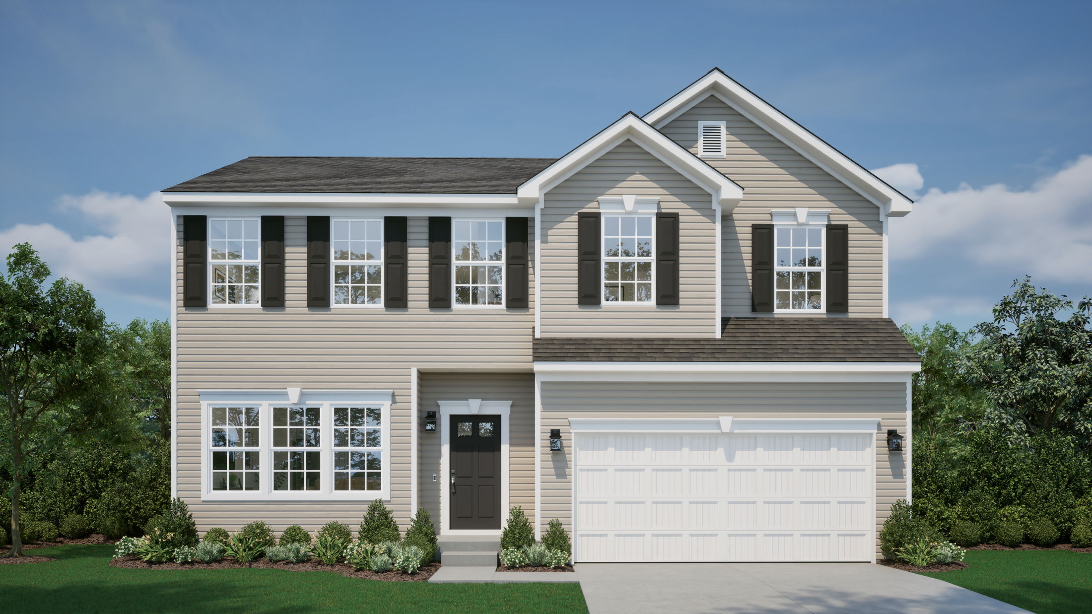Modern two-story suburban home with beige siding, black shutters, and a landscaped front yard.