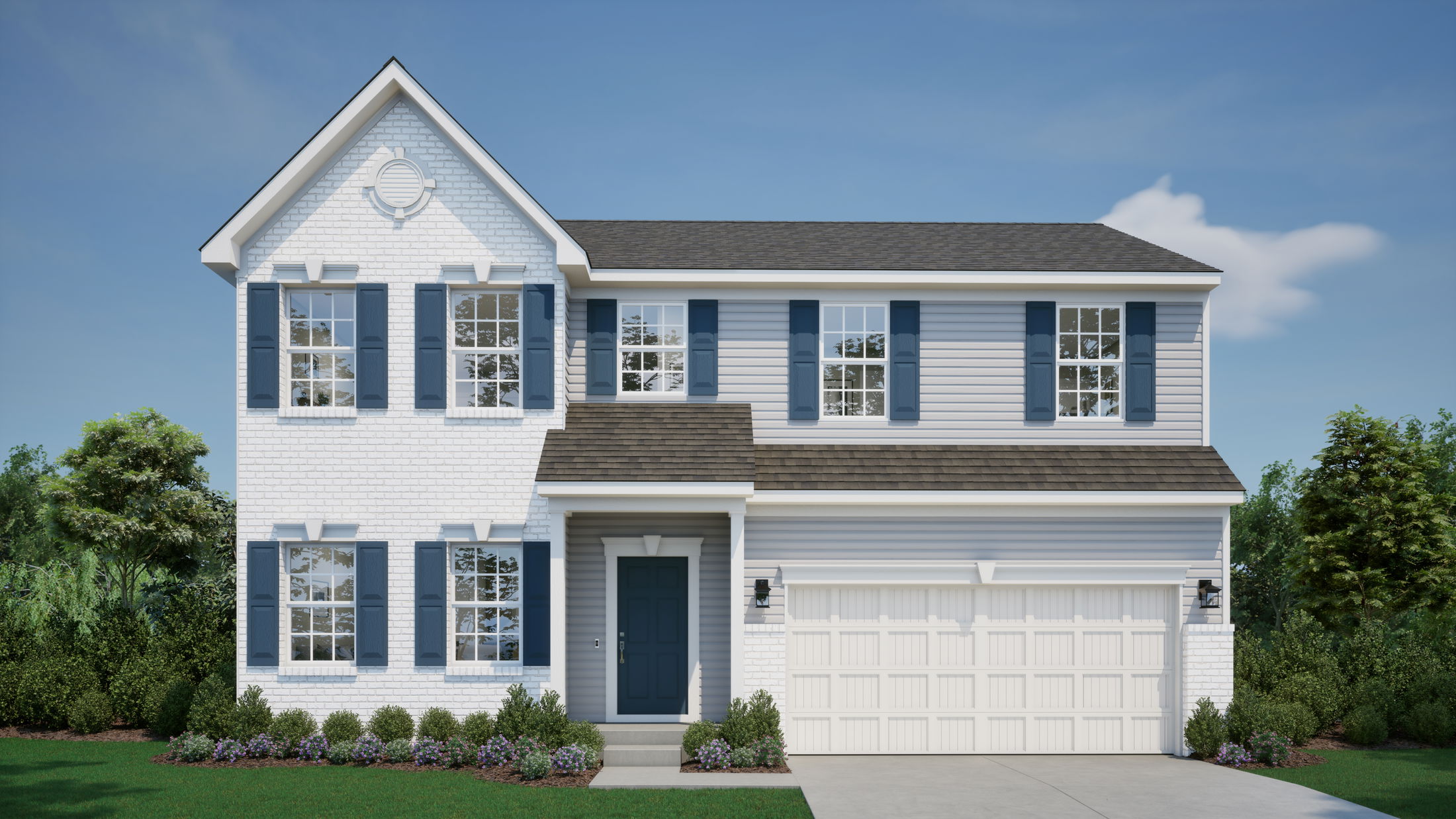 Modern two-story white house with blue shutters and a two-car garage, surrounded by greenery, under a clear blue sky.