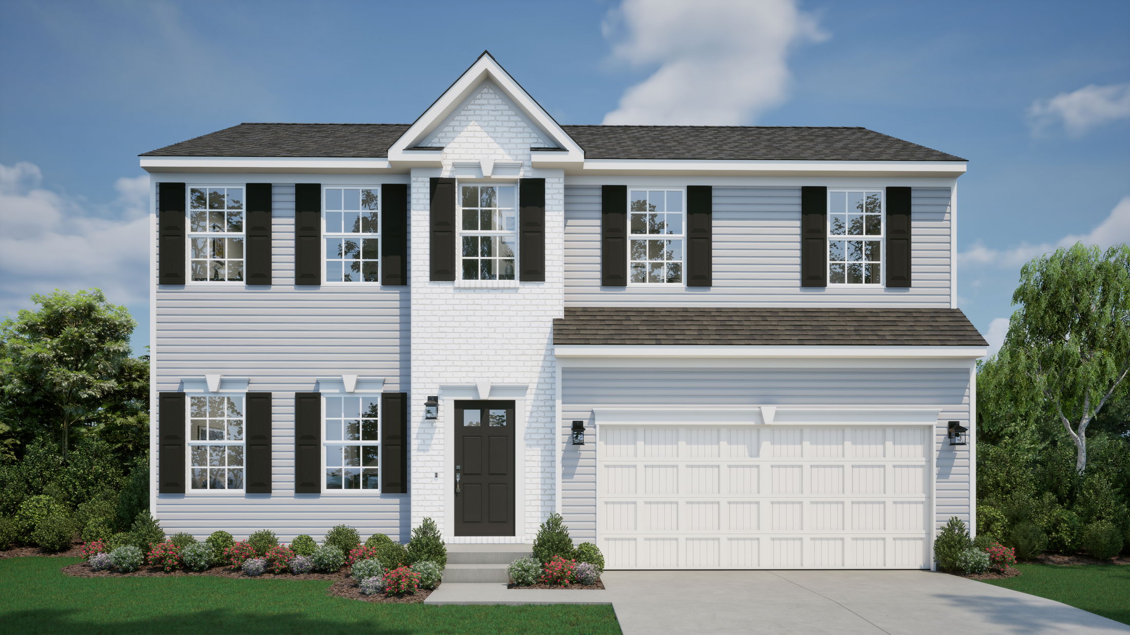 Two-story modern suburban home with white siding, black shutters, and a two-car garage, surrounded by green lawn and shrubs.