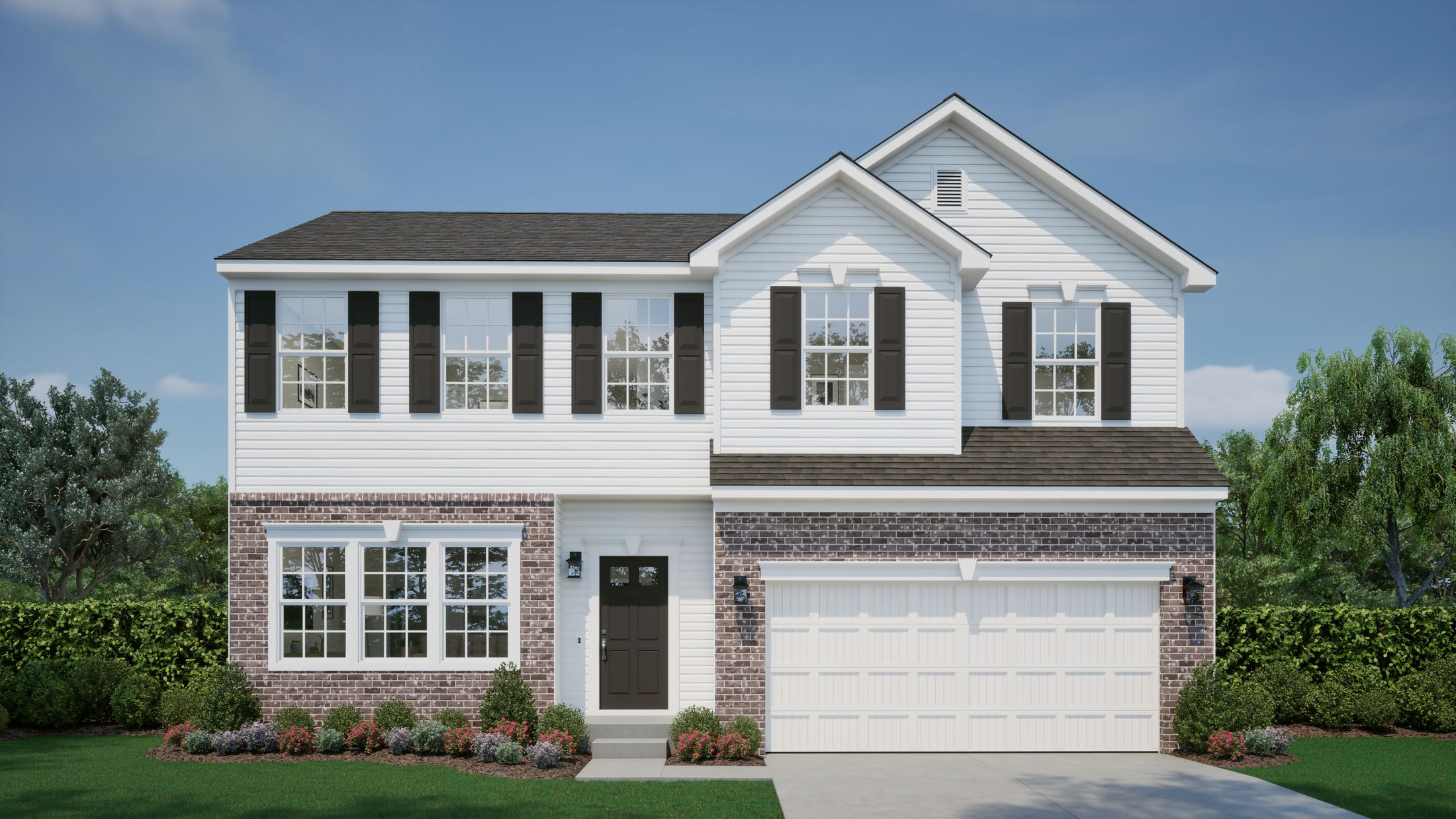 Modern two-story suburban home with white siding, brick accents, dark shutters, and a double garage, surrounded by a neatly landscaped garden.