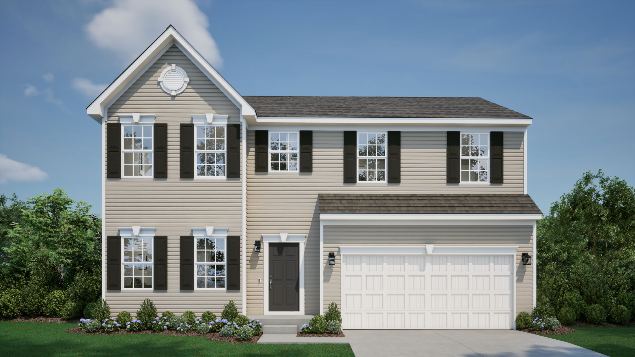 Stylish two-story beige house with black shutters, manicured lawn, and attached garage under a clear blue sky.