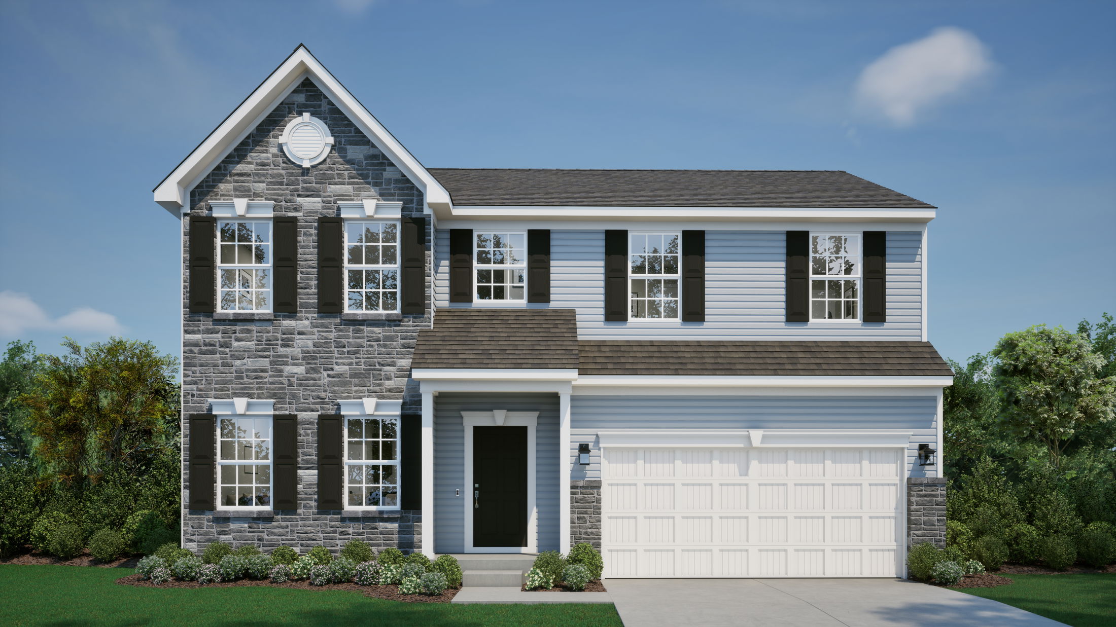 A modern two-story house with a stone façade, siding, and a white garage, surrounded by greenery.