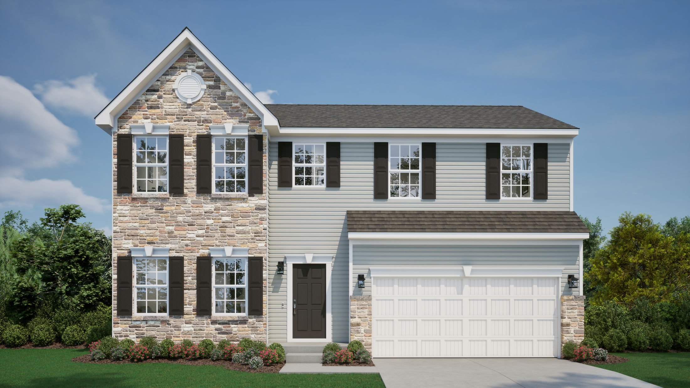Modern two-story house with stone facade, black shutters, and attached garage against a clear blue sky.