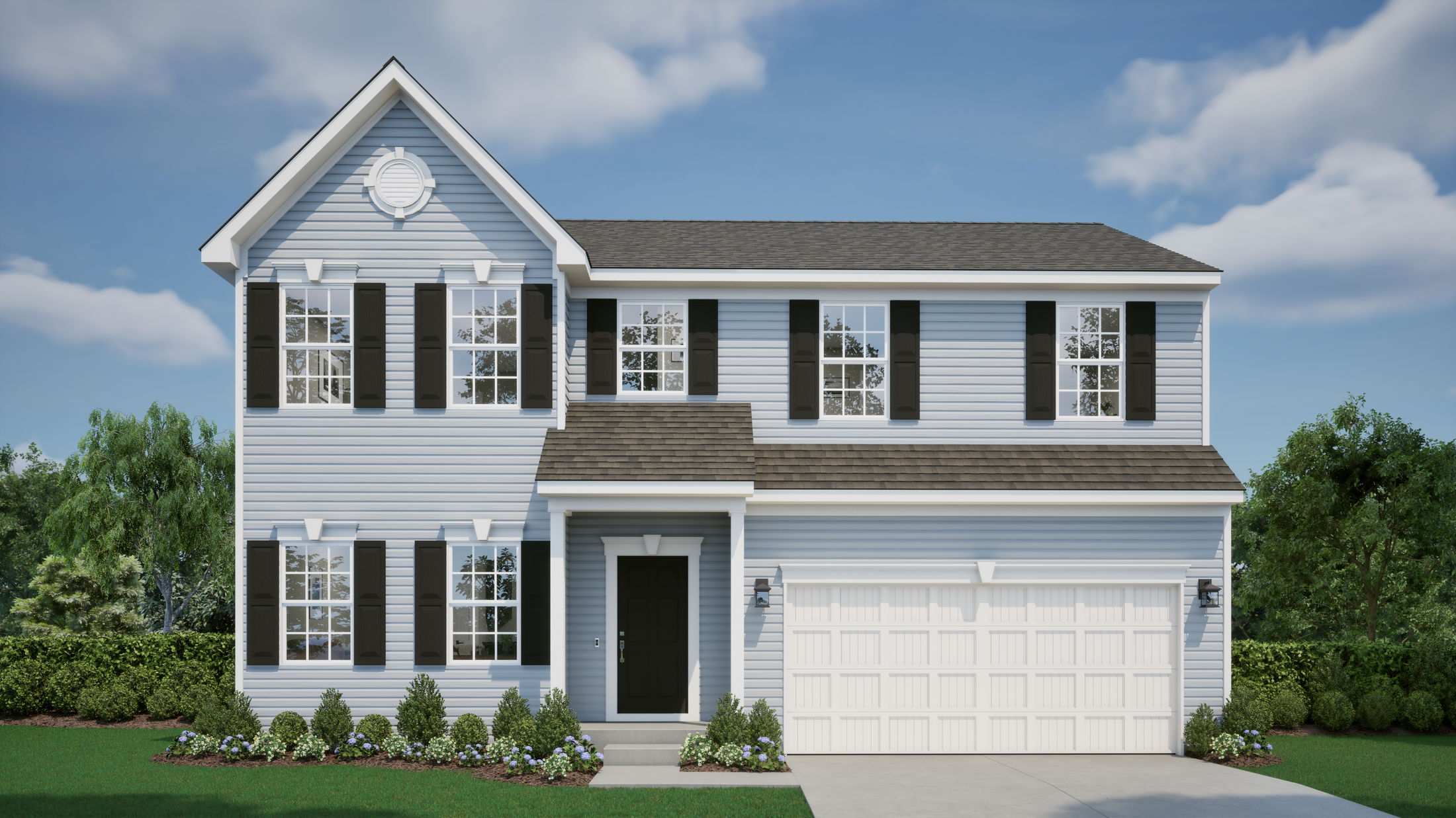 Front view of a modern two-story blue suburban house with black shutters and a two-car garage, surrounded by landscaped greenery.