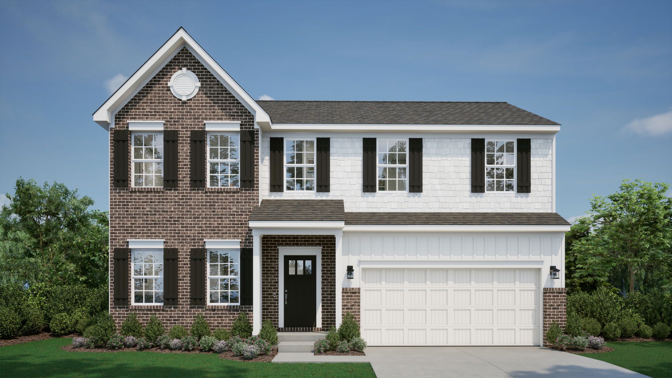 Front view of a modern two-story suburban home with brick and siding exterior, featuring black shutters and a spacious garage.