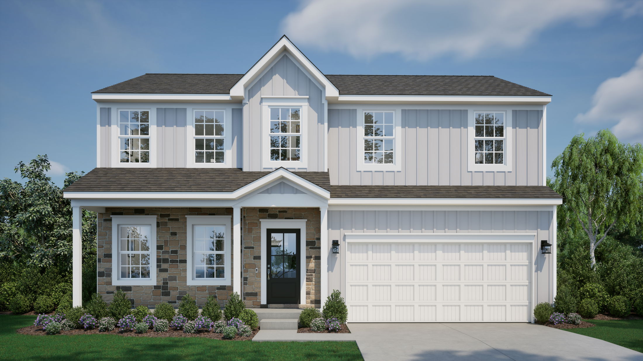 Modern two-story suburban house with gray siding, stone accents, and a two-car garage.