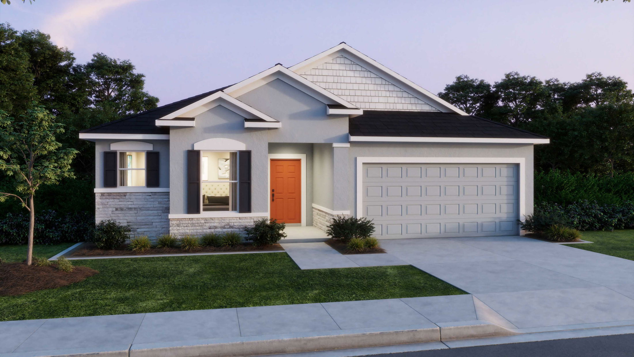 Modern suburban home with a red door, two-car garage, and manicured lawn, surrounded by greenery at dusk.