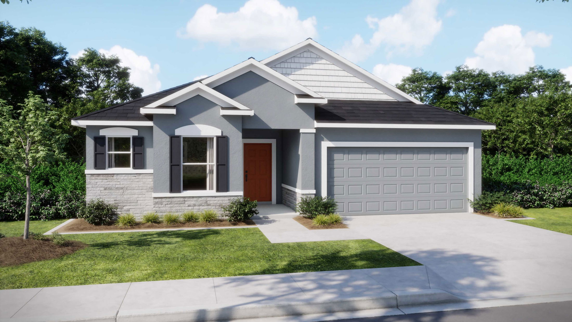Modern single-story, gray suburban home with a double garage and well-maintained front yard.
