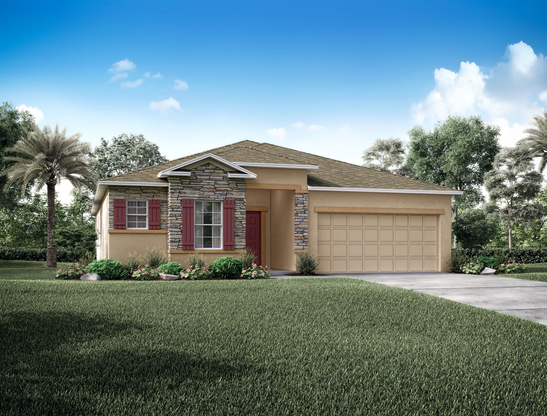 Exterior view of a modern suburban single-story home with stone accents, red shutters, and a two-car garage surrounded by lush greenery.