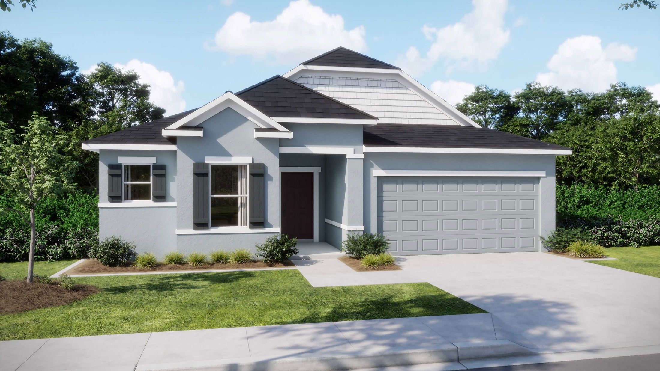 Modern single-story gray home with a double garage and neatly landscaped front yard on a sunny day.
