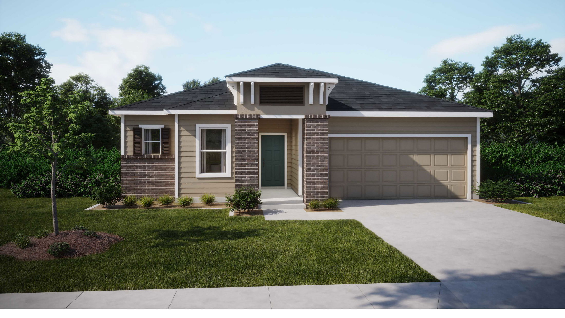 A modern single-story house with a brick and siding exterior, front lawn, and attached two-car garage.