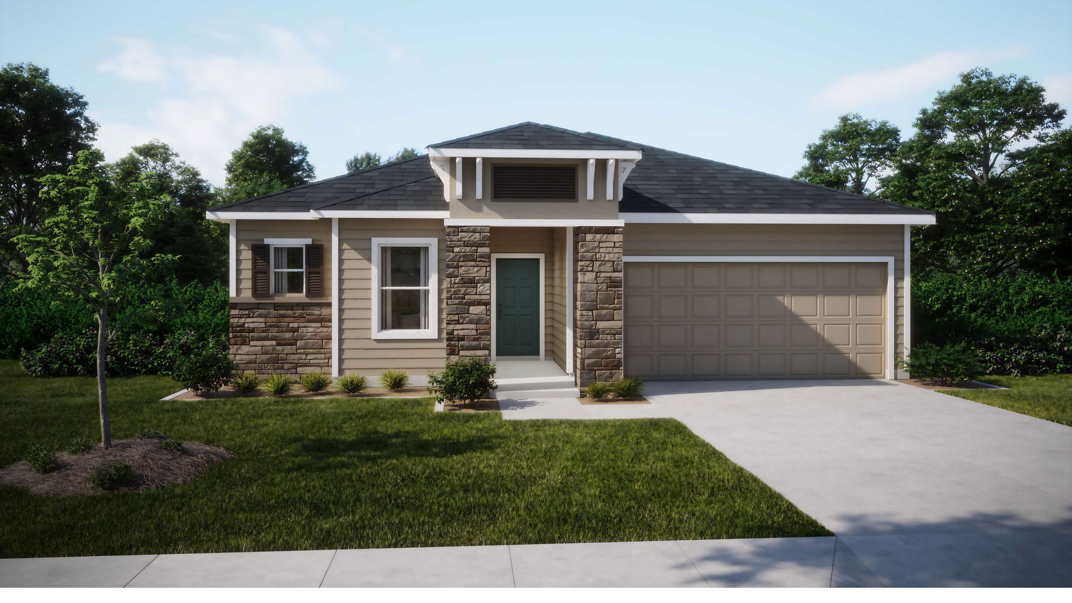 A modern suburban one-story house with stone and siding exterior, featuring a two-car garage, lush green lawn, and surrounded by trees.