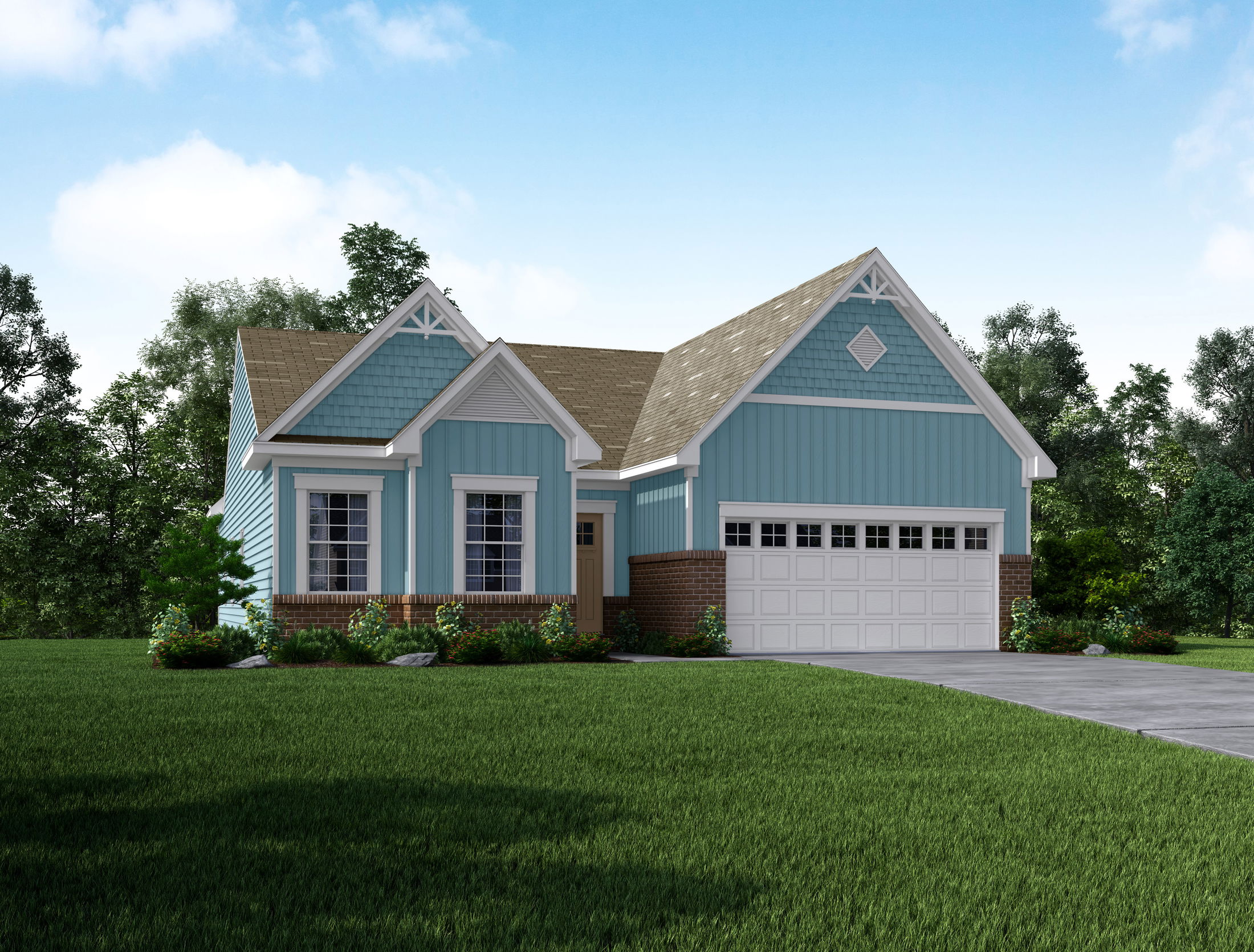 A charming blue suburban house with a spacious front yard and attached garage, surrounded by lush greenery under a bright blue sky.