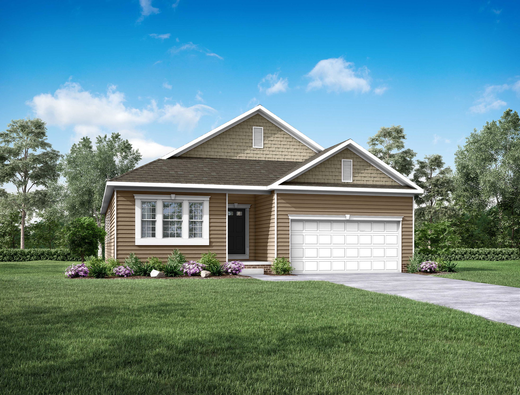 Modern suburban single-story house with a manicured lawn, two-car garage, and surrounding greenery under a clear blue sky.