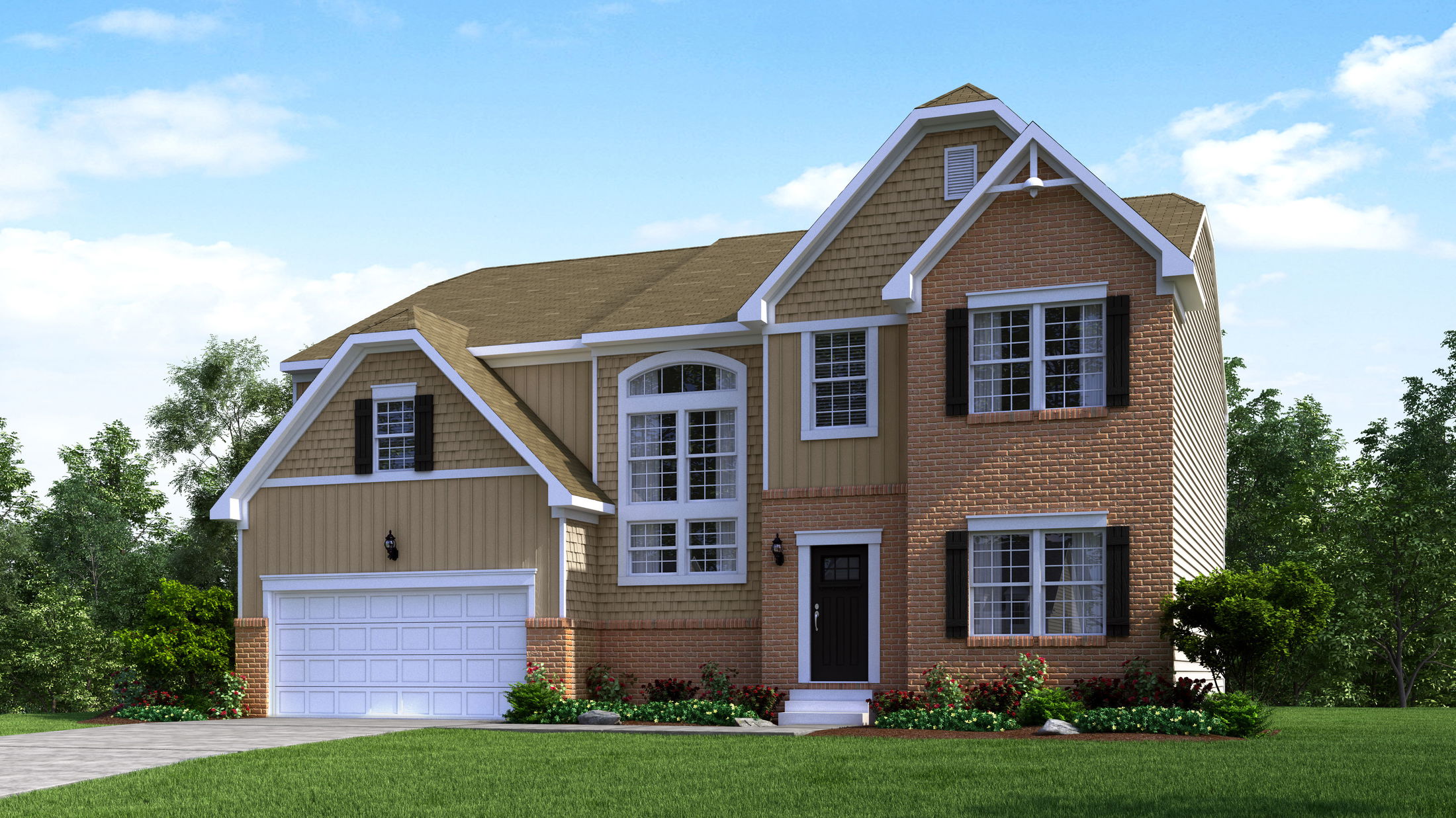 Two-story suburban house with a brick facade, large windows, and a neatly landscaped front yard.