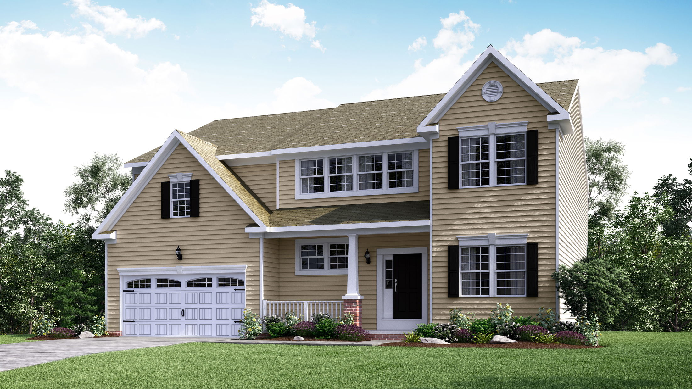 Beautiful two-story suburban house with beige siding, white trim, and a lush green lawn on a sunny day.