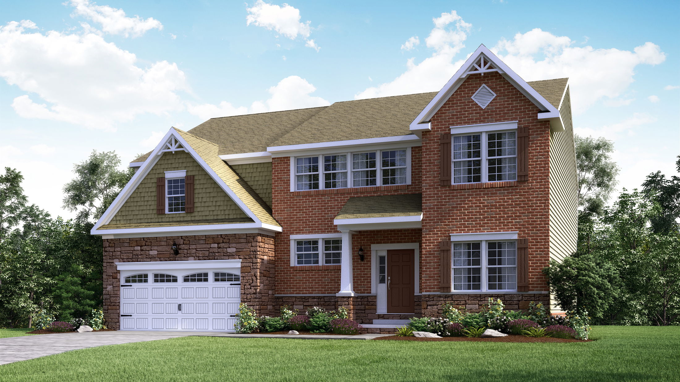 Beautiful two-story brick house with a gable roof and two-car garage, surrounded by lush greenery.