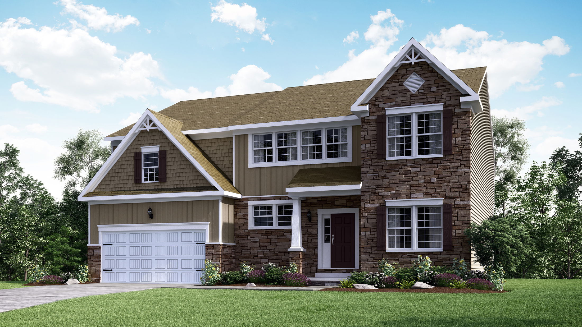 A modern two-story house with stone and siding exterior features a spacious front lawn and two-car garage under a clear blue sky.