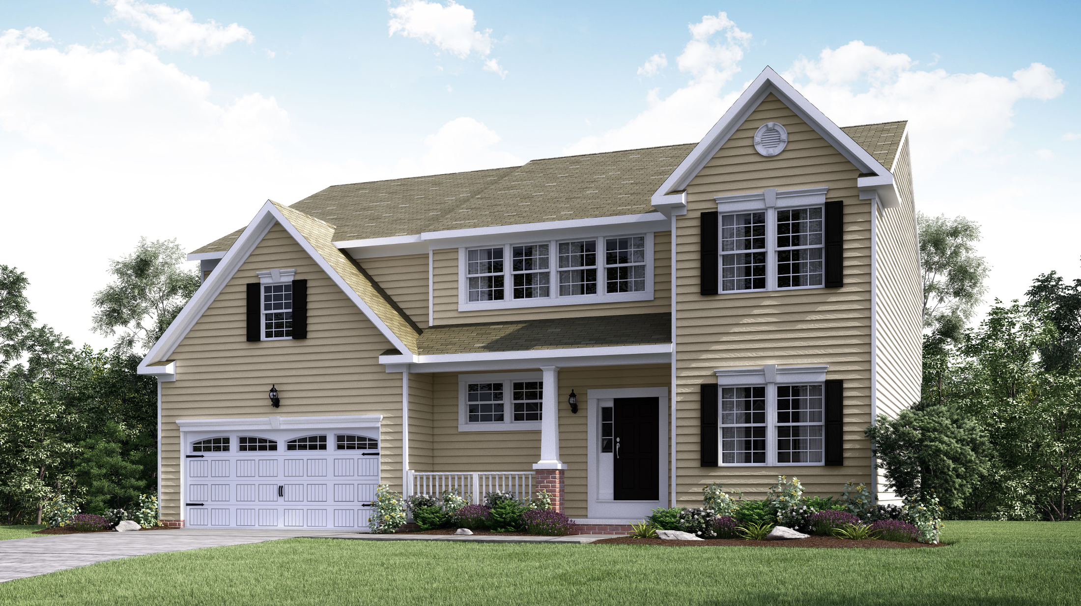Two-story beige suburban house with white trim, a front porch, and a two-car garage surrounded by greenery.