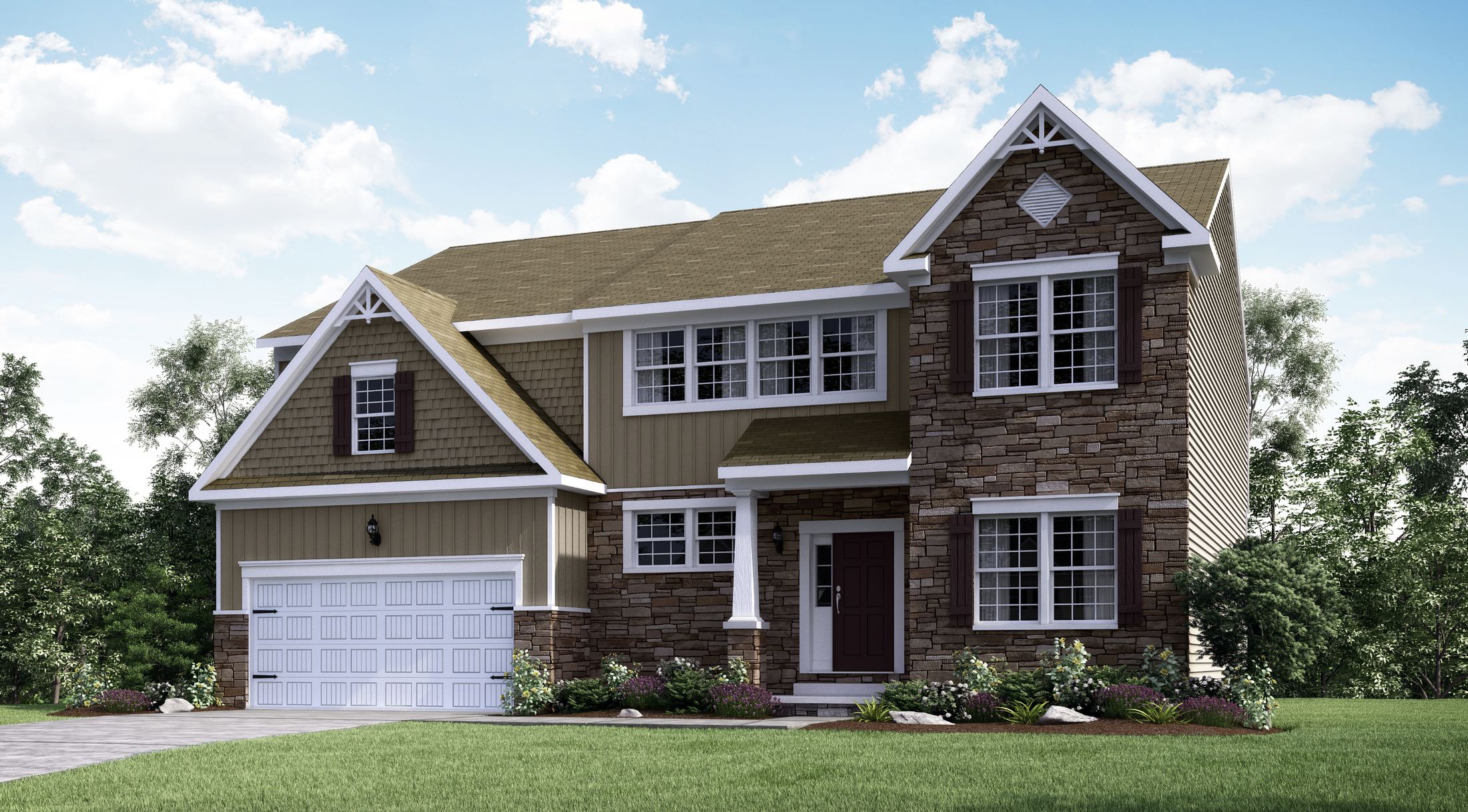 Beautiful two-story suburban home with stone exterior, large windows, and landscaped front yard under a blue sky.