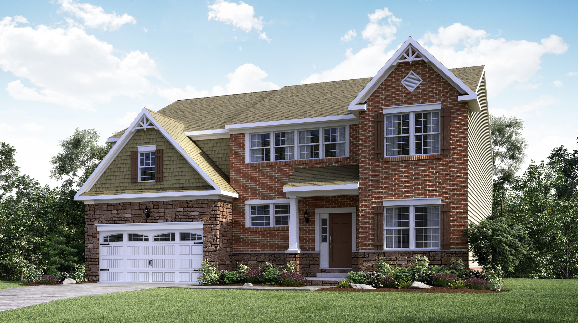 Two-story suburban brick house with a stone-accented garage and manicured lawn under a blue sky.