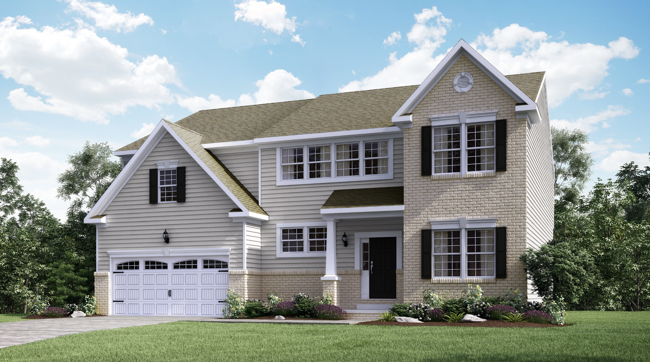 Modern two-story suburban home with a gabled roof, large windows, and a manicured lawn under a clear blue sky.