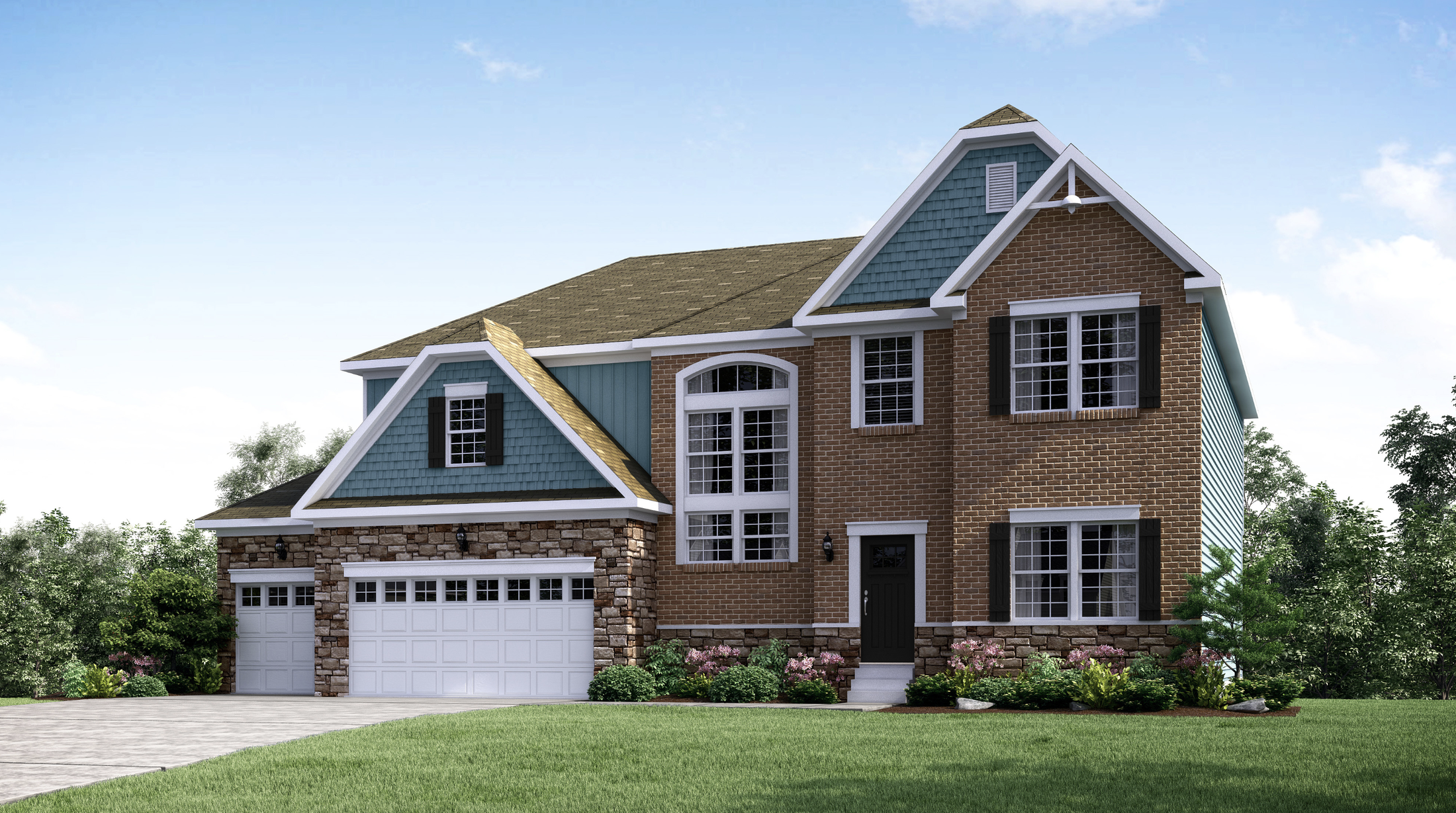 A two-story suburban house with a combination of brick, stone, and blue siding, featuring a three-car garage and manicured lawn.