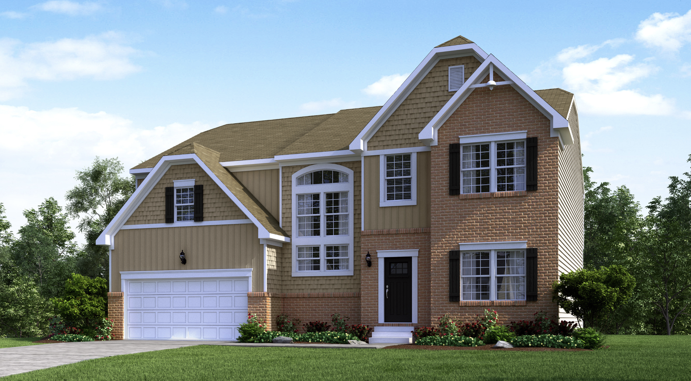 Two-story brick and siding suburban house with a garage and landscaped front yard.