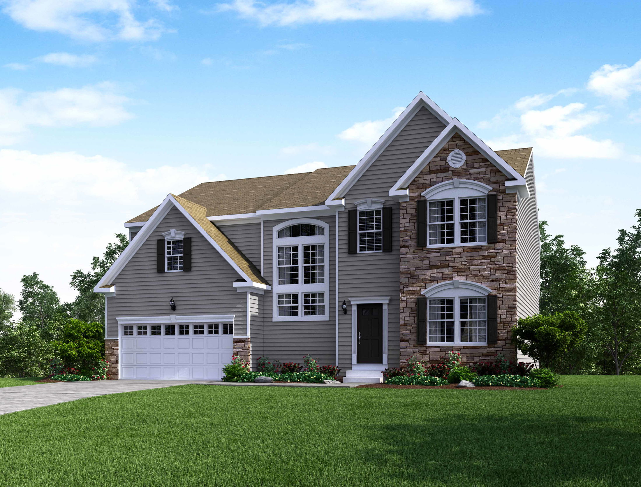 Front view of a modern two-story suburban house with stone and siding exterior, landscaped yard, and attached two-car garage under a clear blue sky.