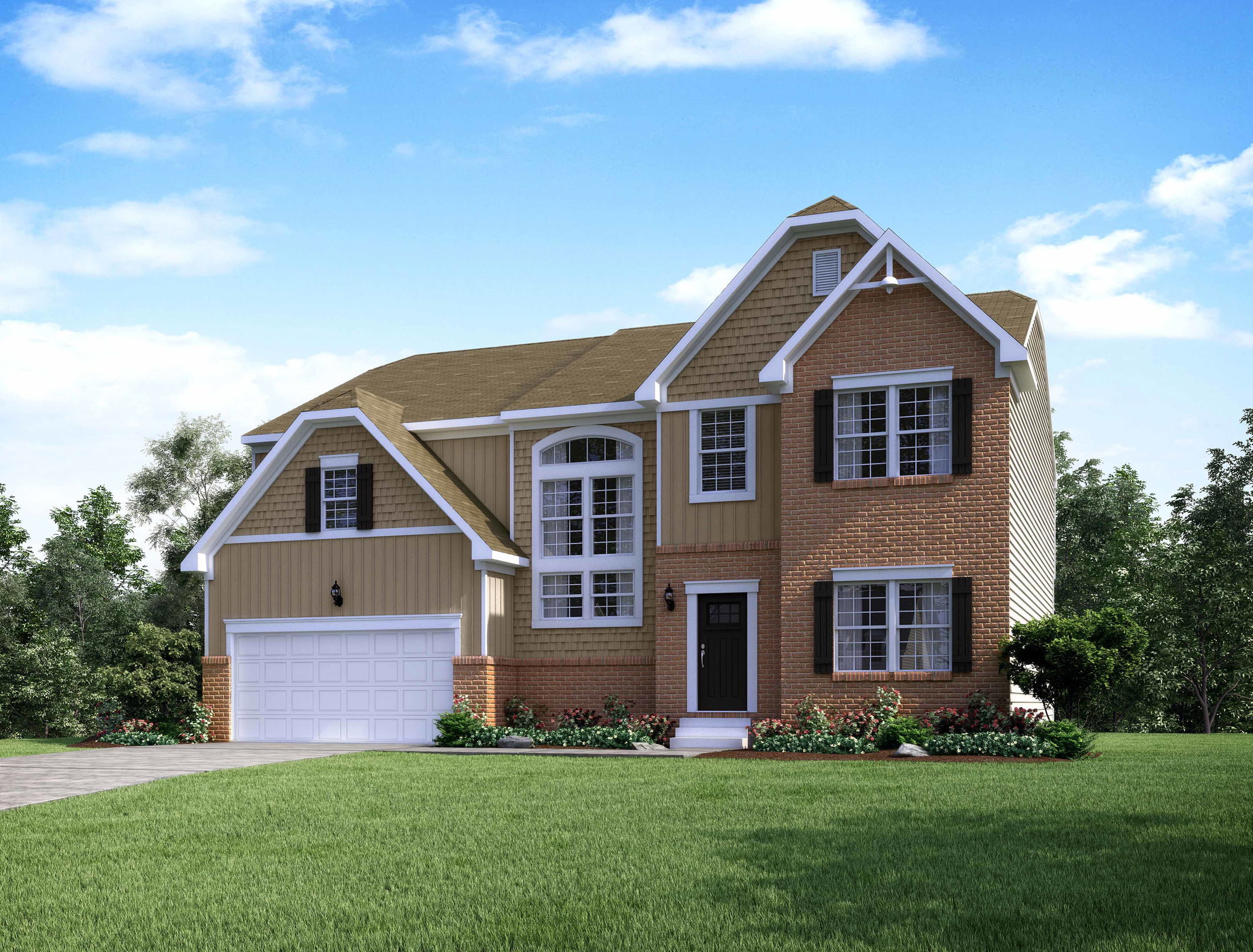 Elegant two-story suburban home with brick and siding exterior, featuring a spacious front lawn and attached garage.