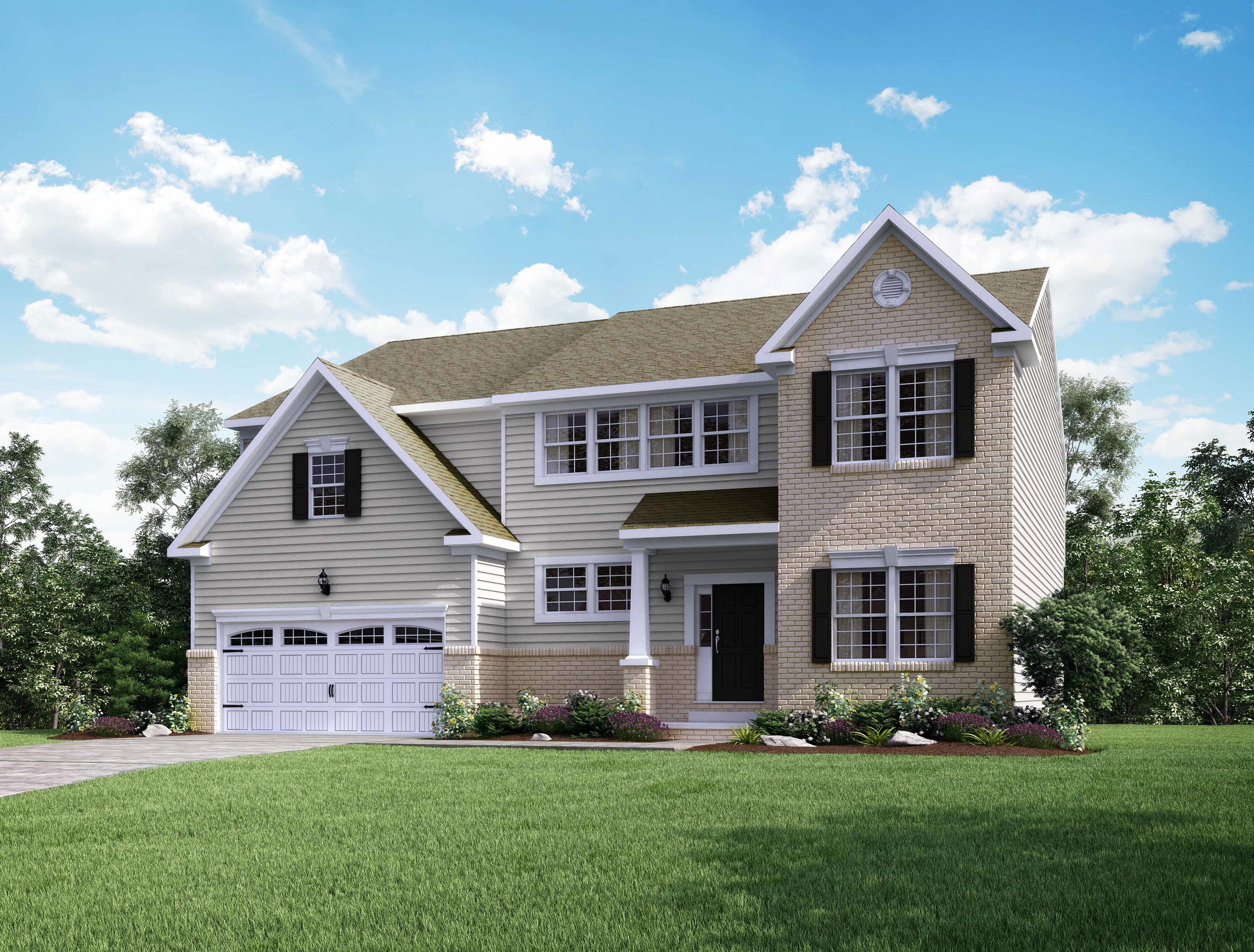 Beautiful two-story suburban home with a double garage, surrounded by a lush green lawn and set against a clear blue sky.