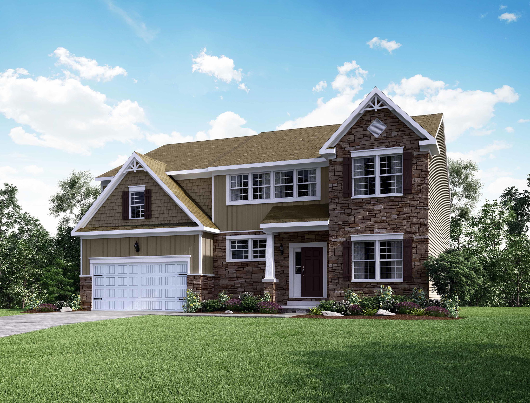 A modern two-story house with stone and siding exterior, featuring a two-car garage and landscaped front yard against a clear blue sky.
