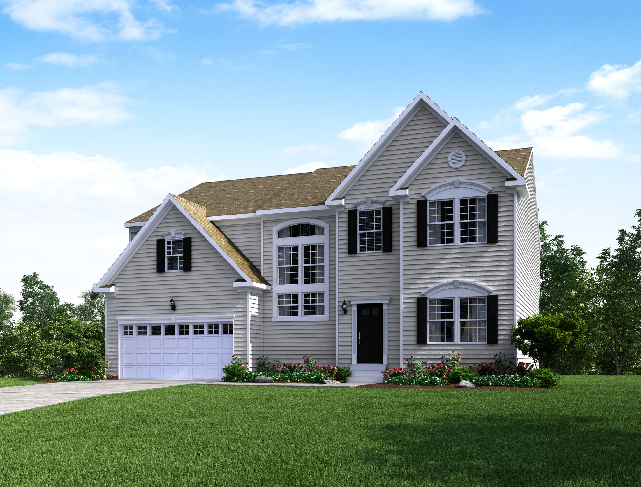 Elegant two-story suburban home with gray siding, black shutters, and a lush green lawn under a clear blue sky.