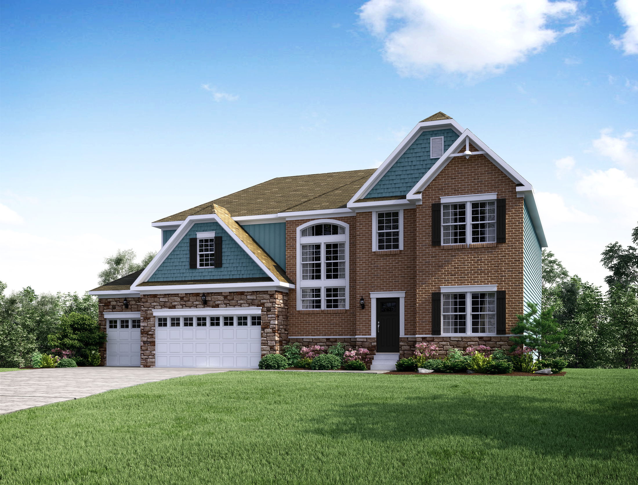 Modern two-story brick and stone house with manicured lawn and double garage under a blue sky.
