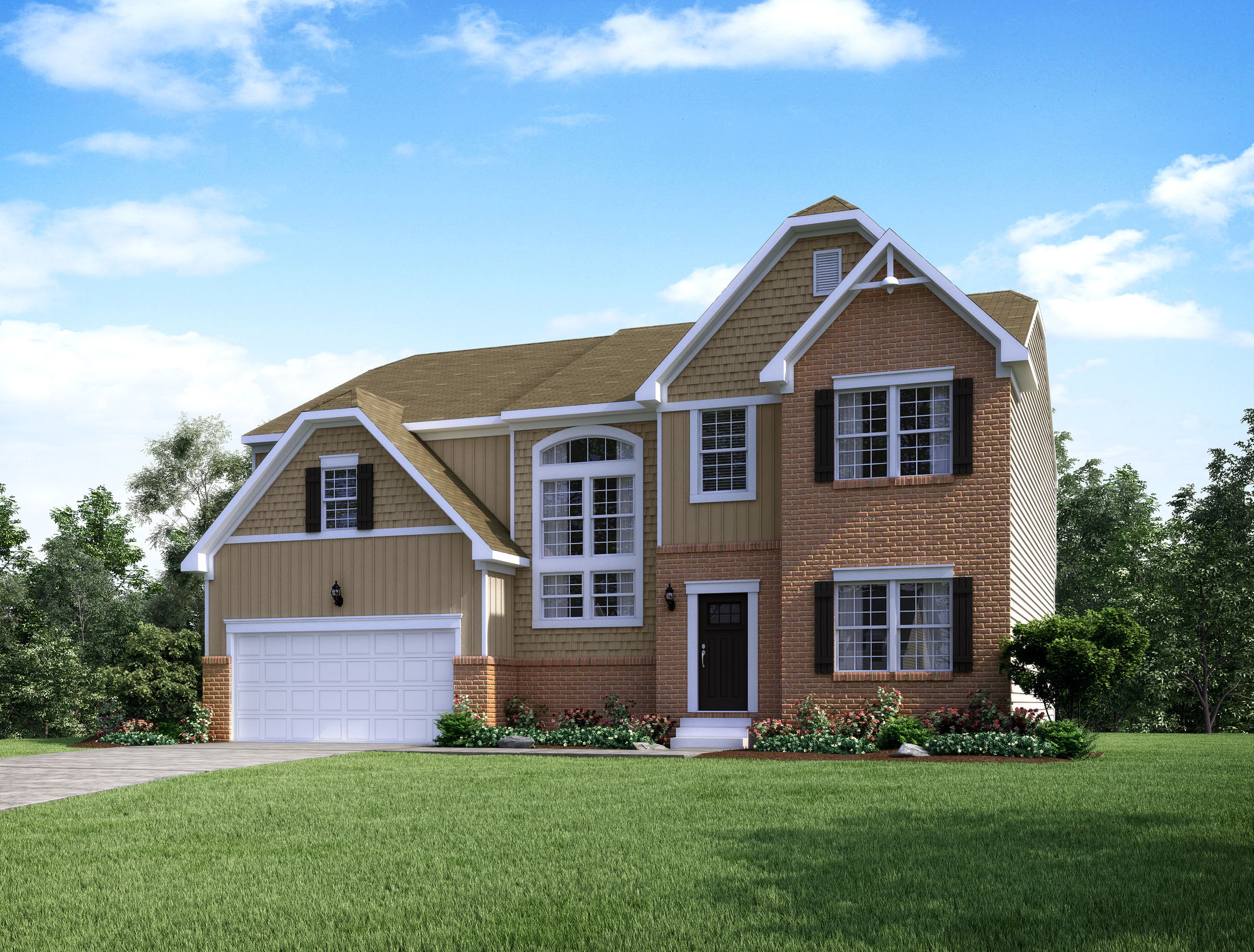 A modern two-story suburban home with brick and siding exterior, featuring a well-maintained lawn and a double car garage under a clear blue sky.