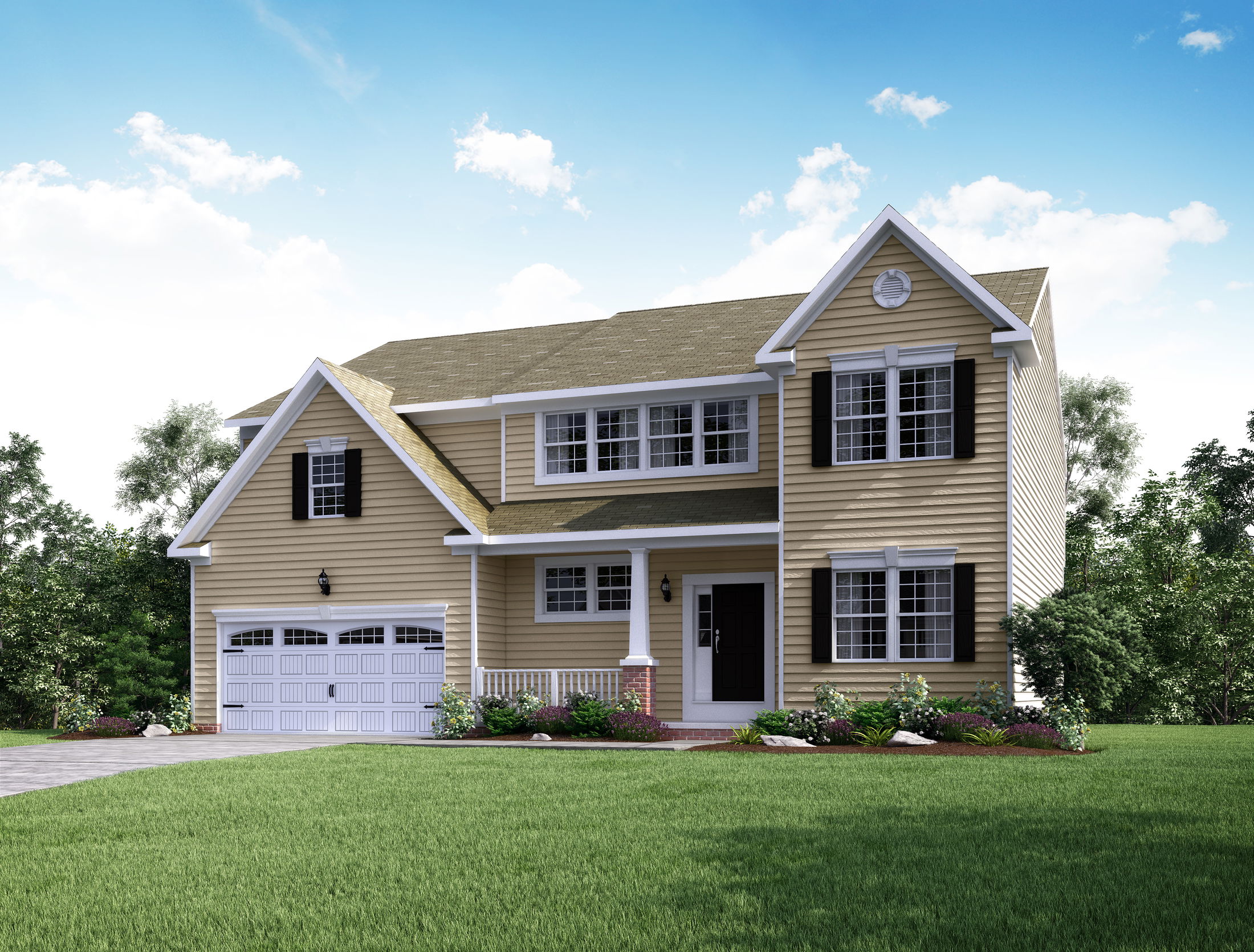 Two-story suburban house with yellow siding, white trim, and manicured lawn under a clear blue sky.