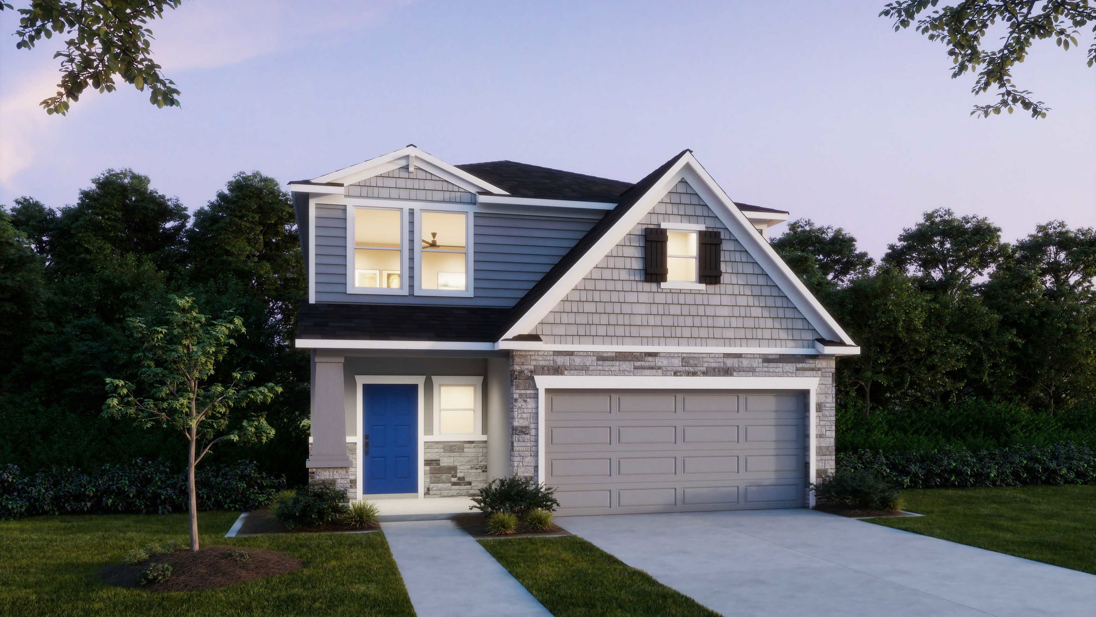 Two-story suburban house with blue door and gray siding, featuring a landscaped front yard and a two-car garage surrounded by trees.