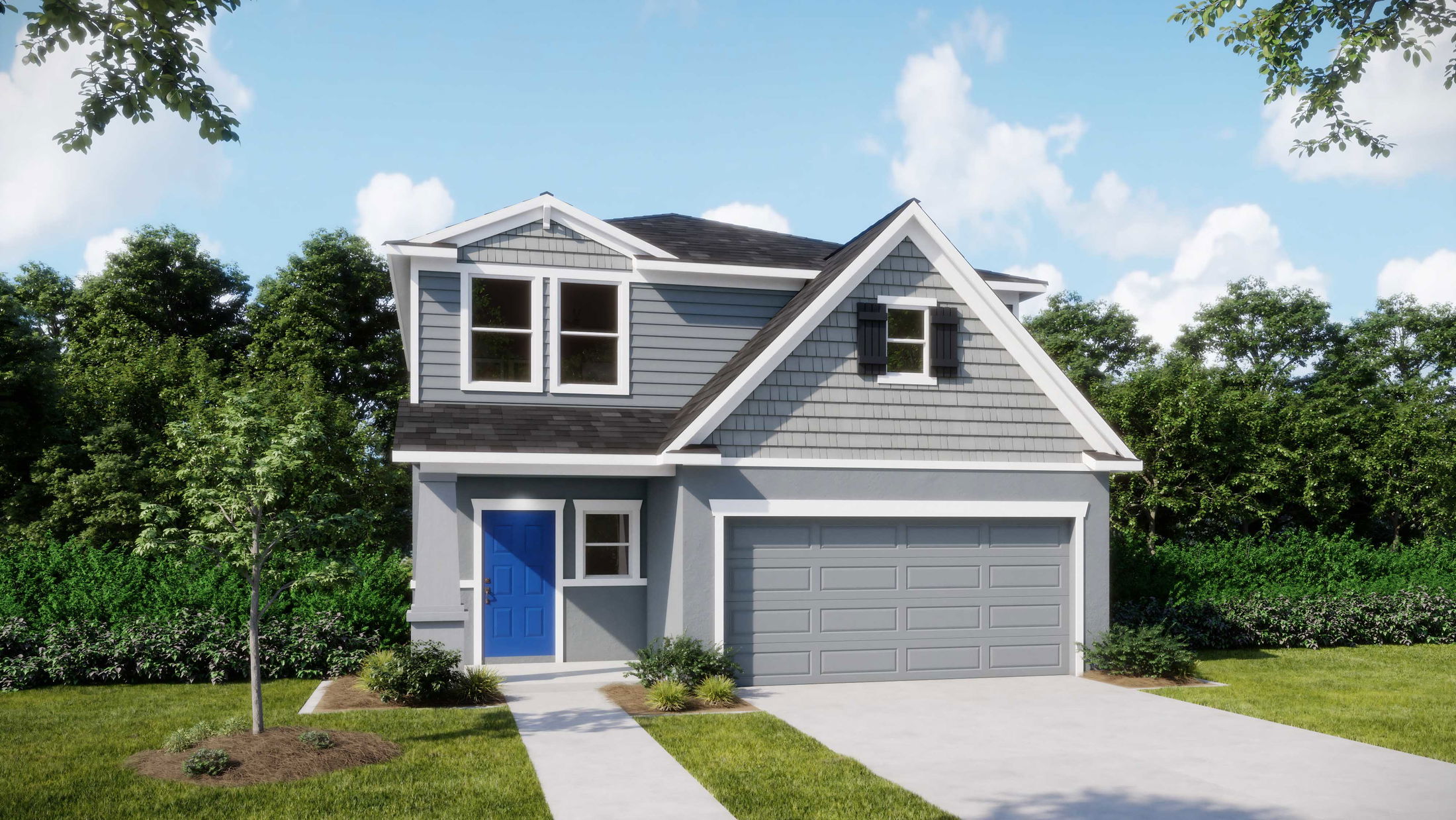 Modern two-story house with gray siding, blue front door, and attached garage set against a lush green backdrop.