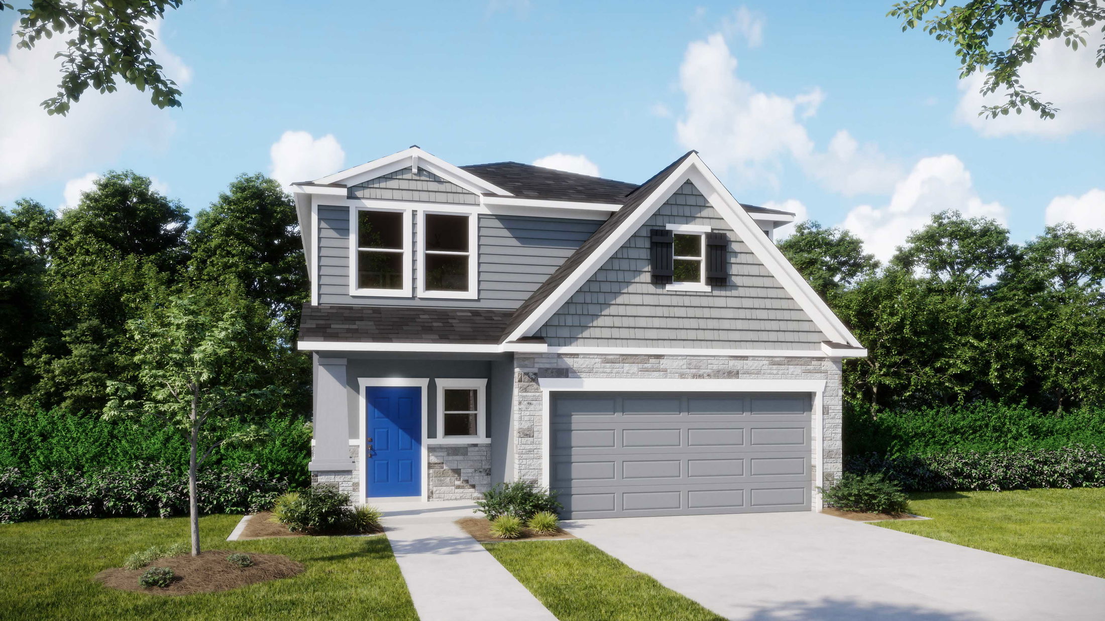 Modern two-story house with gray siding, a blue front door, and attached garage set against a lush green landscape.