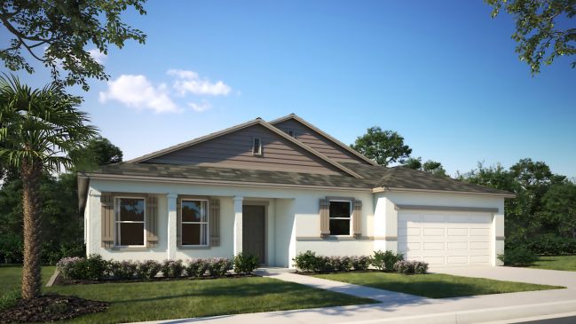 Single-story suburban house with a two-car garage, front porch, and manicured lawn on a sunny day.