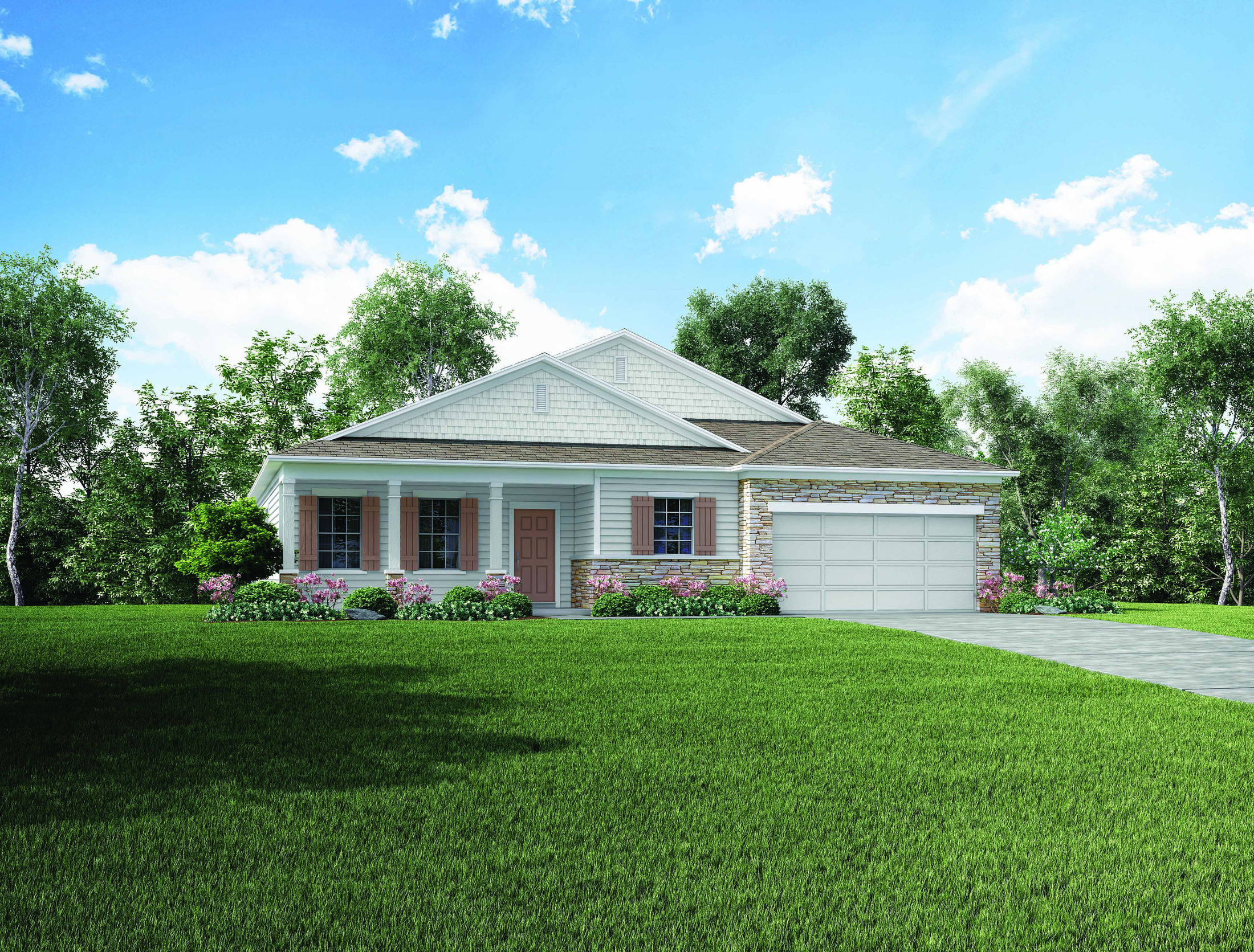 A charming single-story suburban home with a well-manicured lawn, surrounded by lush greenery under a clear blue sky.