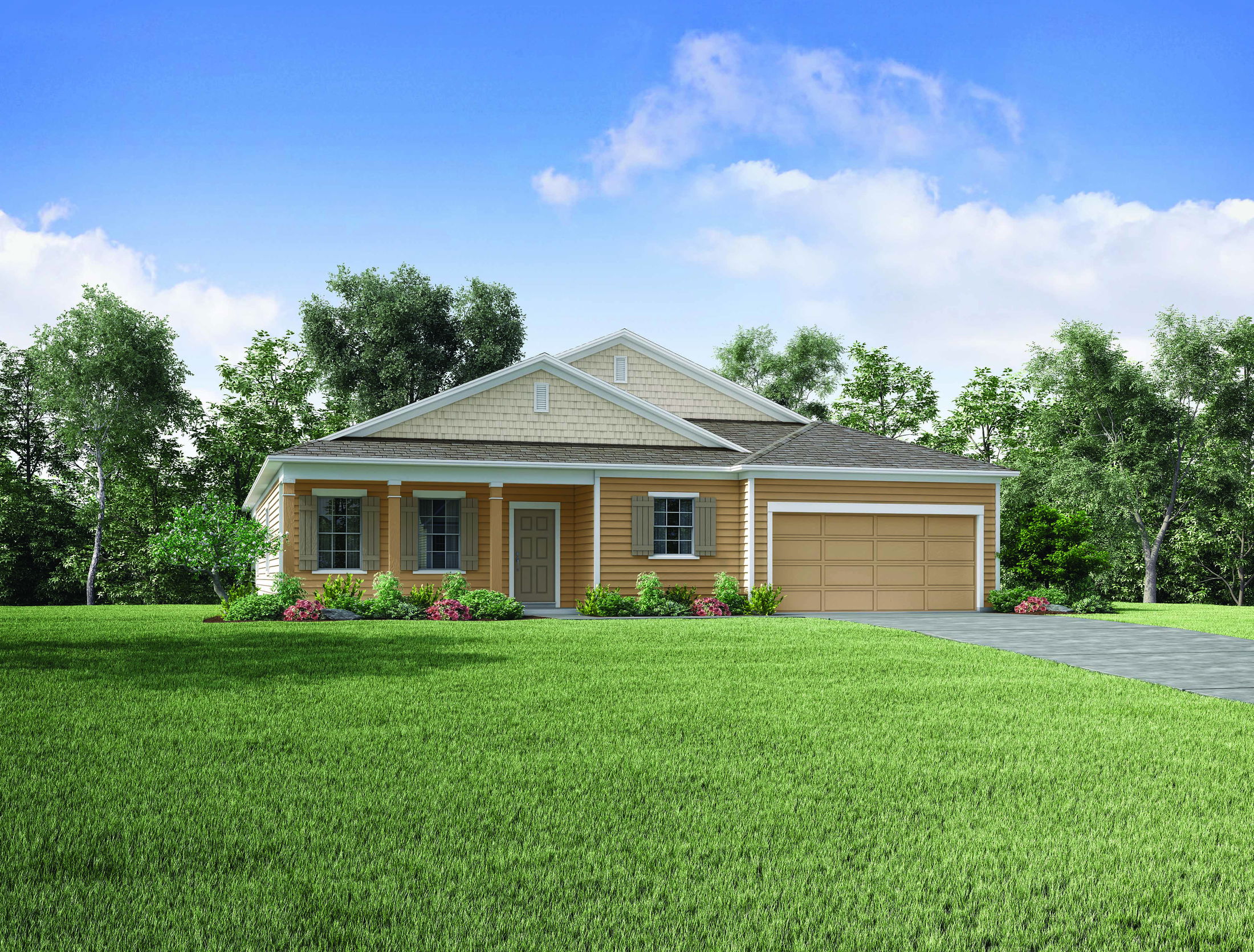 A charming single-story house with a spacious front lawn, surrounded by trees and featuring a two-car garage and a welcoming porch.