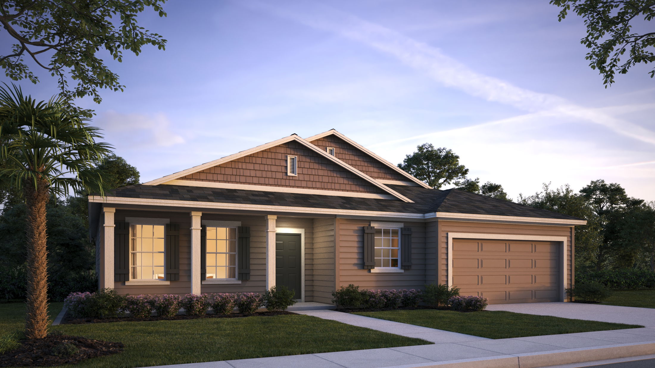 Single-story suburban home with a front porch and attached garage, set in a manicured lawn at dusk.